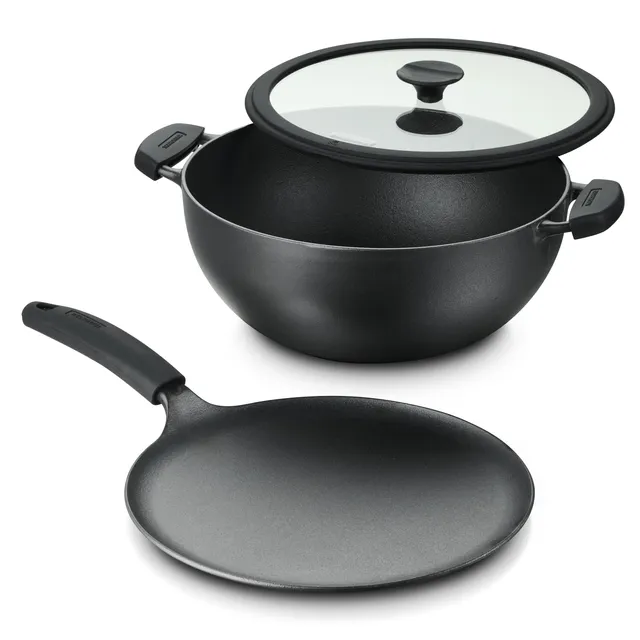tramontina-3-piece-pre-seasoned-cast-iron-7-quart-deep-kadai-11-inch-flat-tawa-c image 1