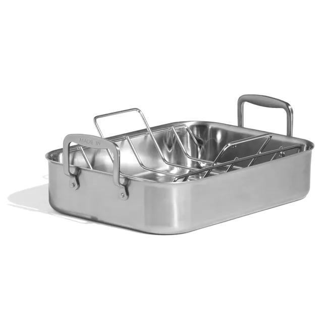 made-in-stainless-clad-roasting-pan-with-rack-3-ply-stainless-18-45-pro-roaster- image 1