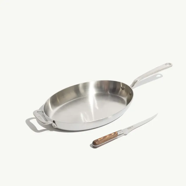 made-in-5-ply-stainless-clad-fish-pan-with-fillet-knife-complete-whole-fish-cook image 1