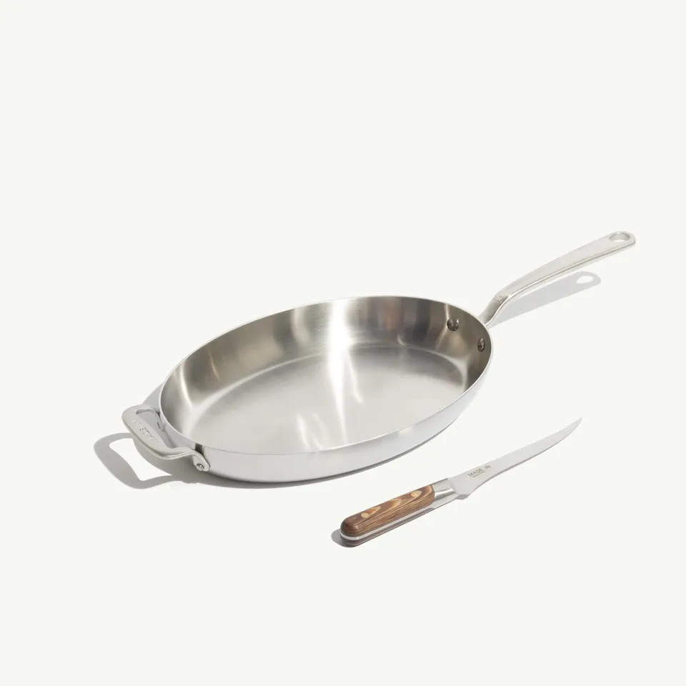 made-in-5-ply-stainless-clad-fish-pan-with-fillet-knife-complete-whole-fish-cook image 1