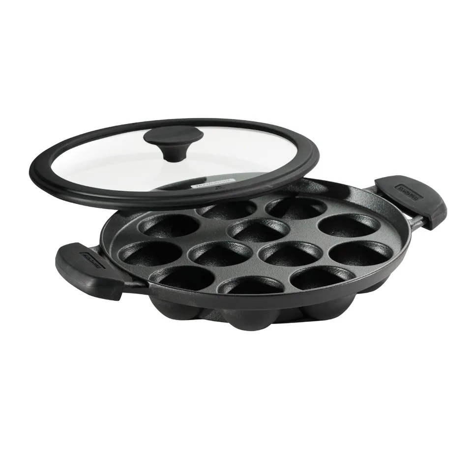 tramontina-utsava-pre-seasoned-cast-iron-paniyarrakal-pan-with-lid-disamatic-cas image 1
