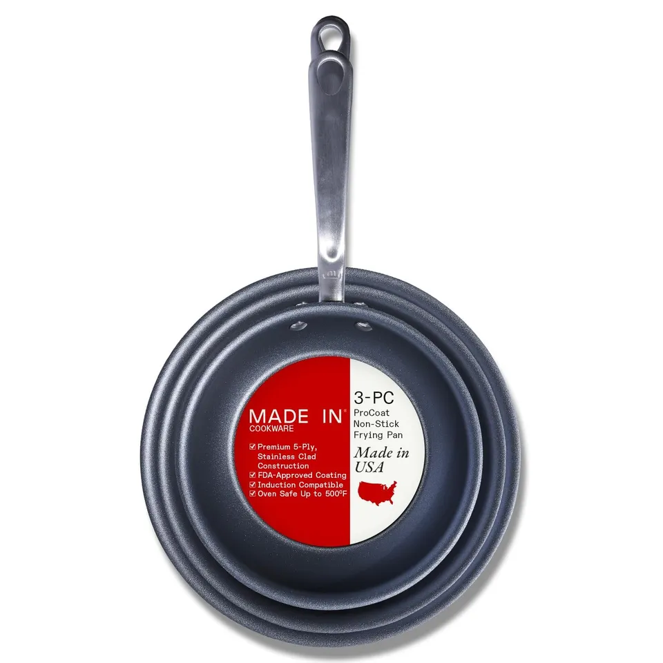 made-in-procoat-non-stick-3-piece-frying-pan-set-8-10-12-5-ply-stainless-clad-pr image 1
