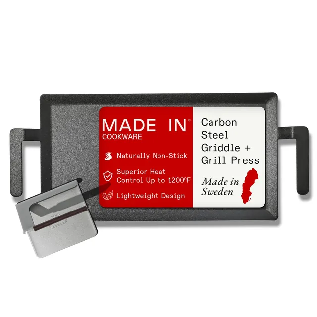 made-in-carbon-steel-griddle-grill-press-19-6-x-10-5-griddle-with-5-5-press-craf image 1