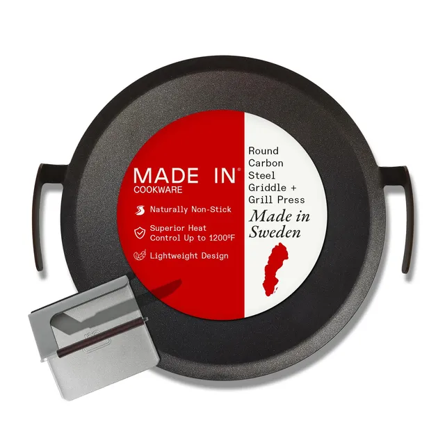 made-in-seasoned-17-round-carbon-steel-griddle-grill-press-pre-seasoned-naturall image 1