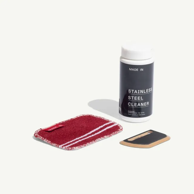 made-in-stainless-steel-cleaning-set-with-pan-scraper-non-abrasive-scrub-cloth-a image 1