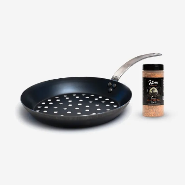 made-in-the-grilling-set-blue-carbon-steel-perforated-grill-frying-pan-with-horn image 1