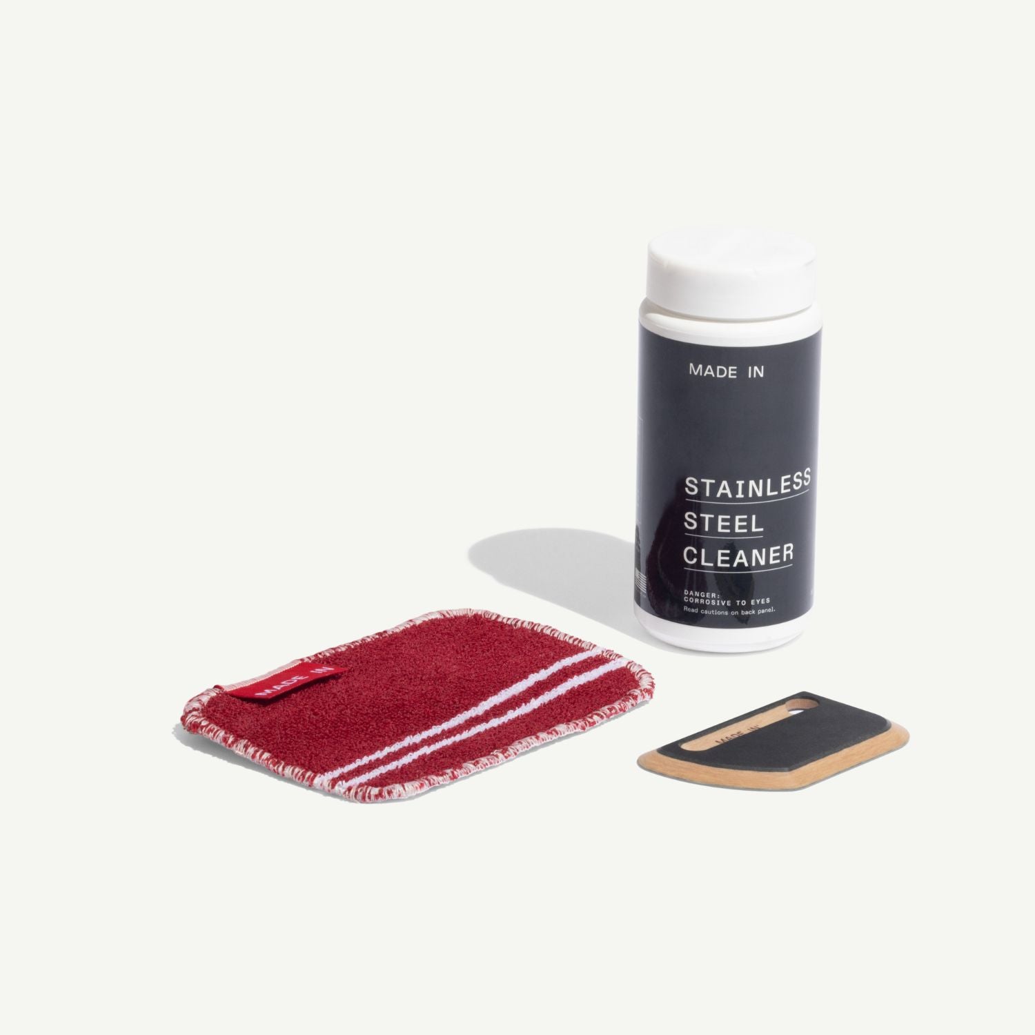 made-in-stainless-steel-cleaning-set-with-pan-scraper-non-abrasive-scrub-cloth-a image 1