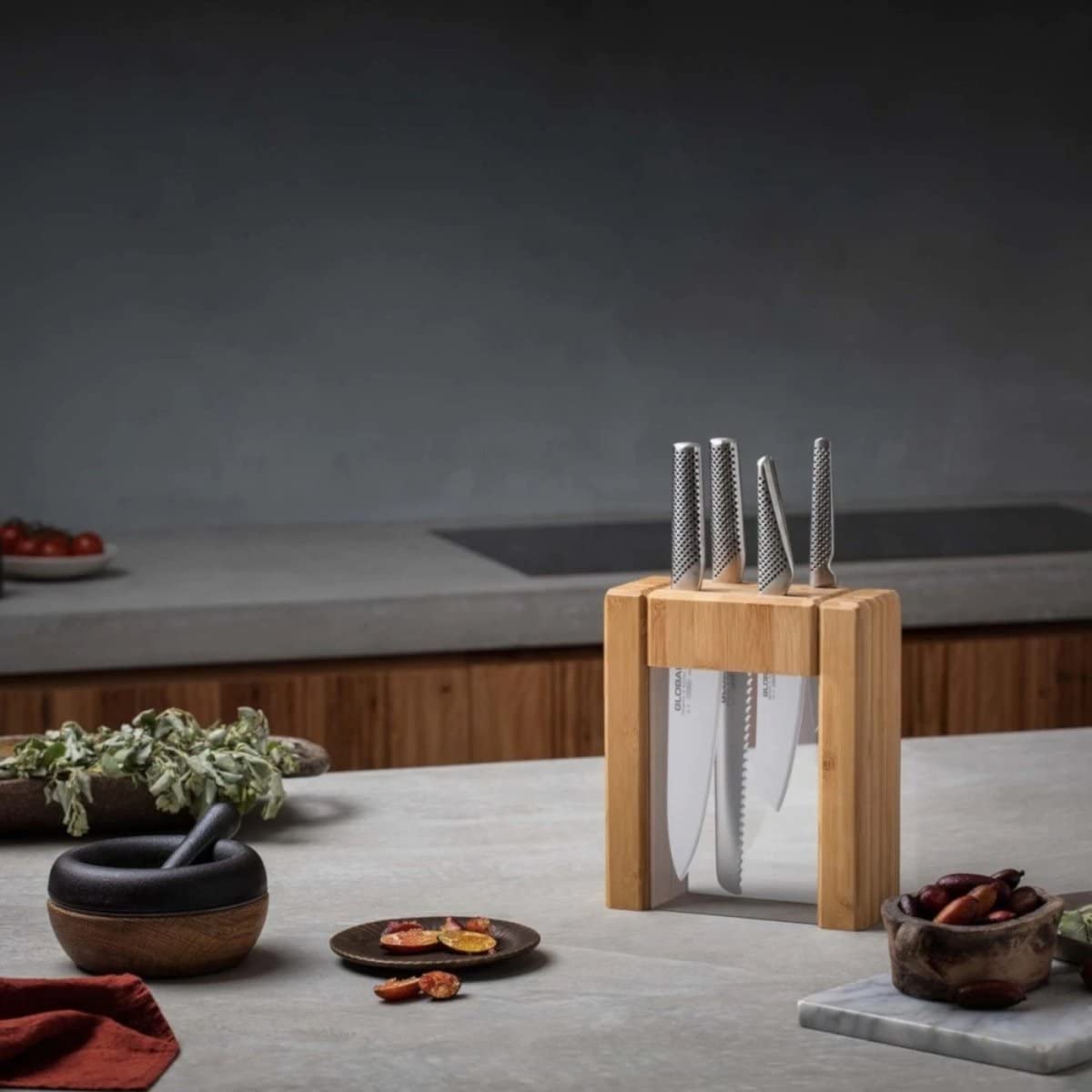 global-teikoku-5-piece-stainless-steel-knife-block-set-cromova-18-steel-chef-bre image 3