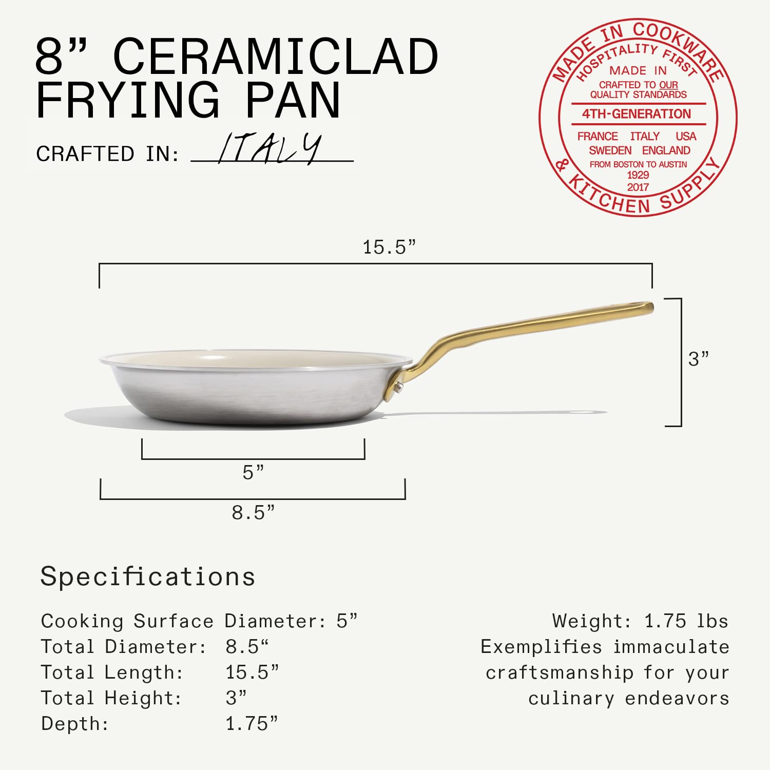 made-in-8-ceramic-non-stick-frying-pan-antique-brass-handle-5-ply-stainless-clad image 3