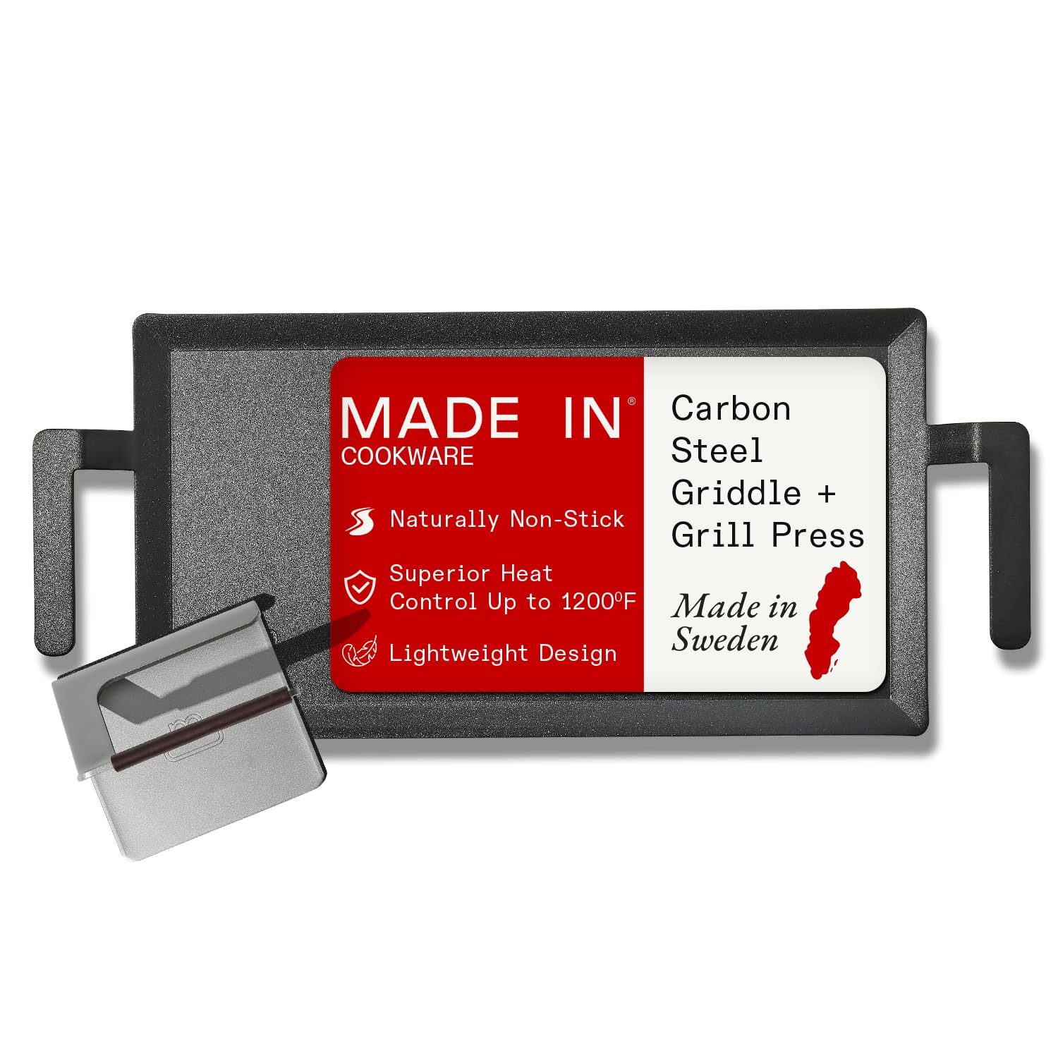 made-in-carbon-steel-griddle-grill-press-19-6-x-10-5-griddle-with-5-5-press-craf image 1