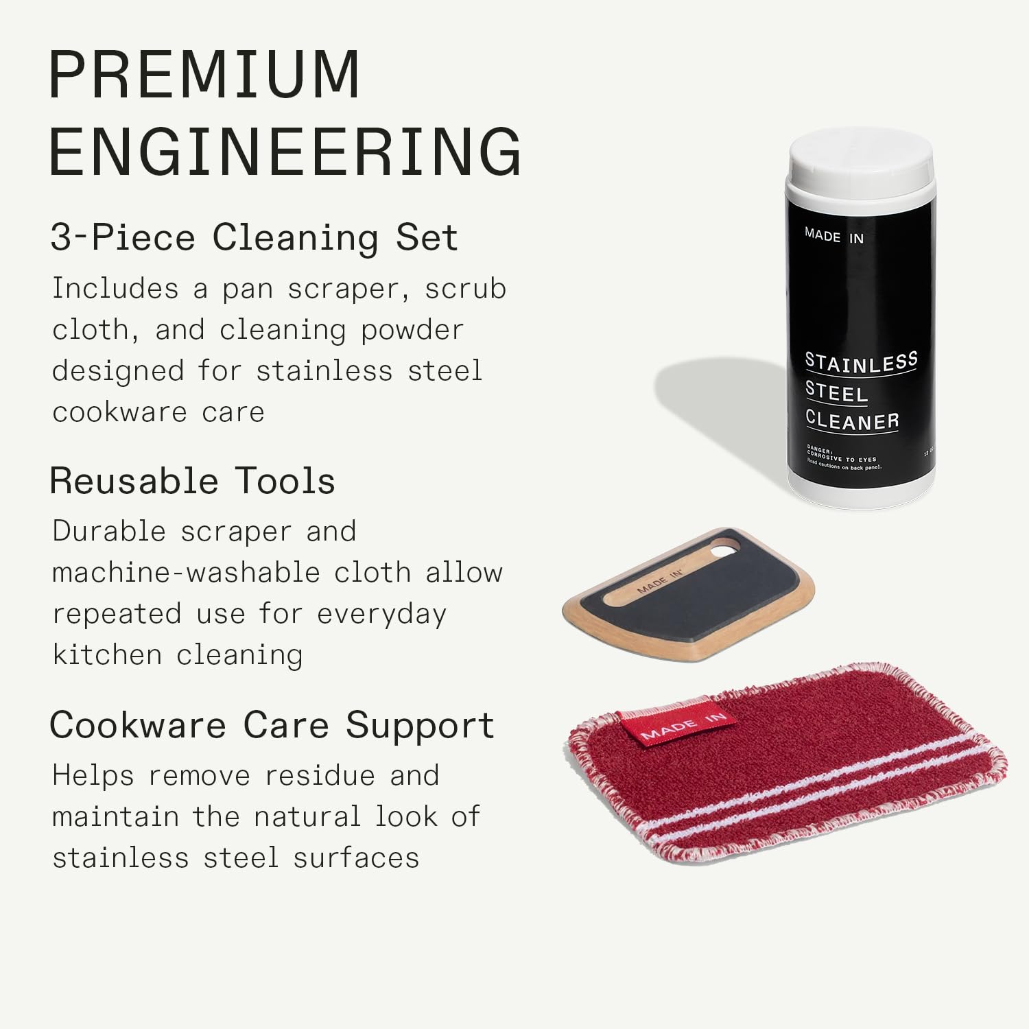 made-in-3-piece-stainless-steel-cleaning-set-with-pan-scraper-scrub-cloth-stainl image 2