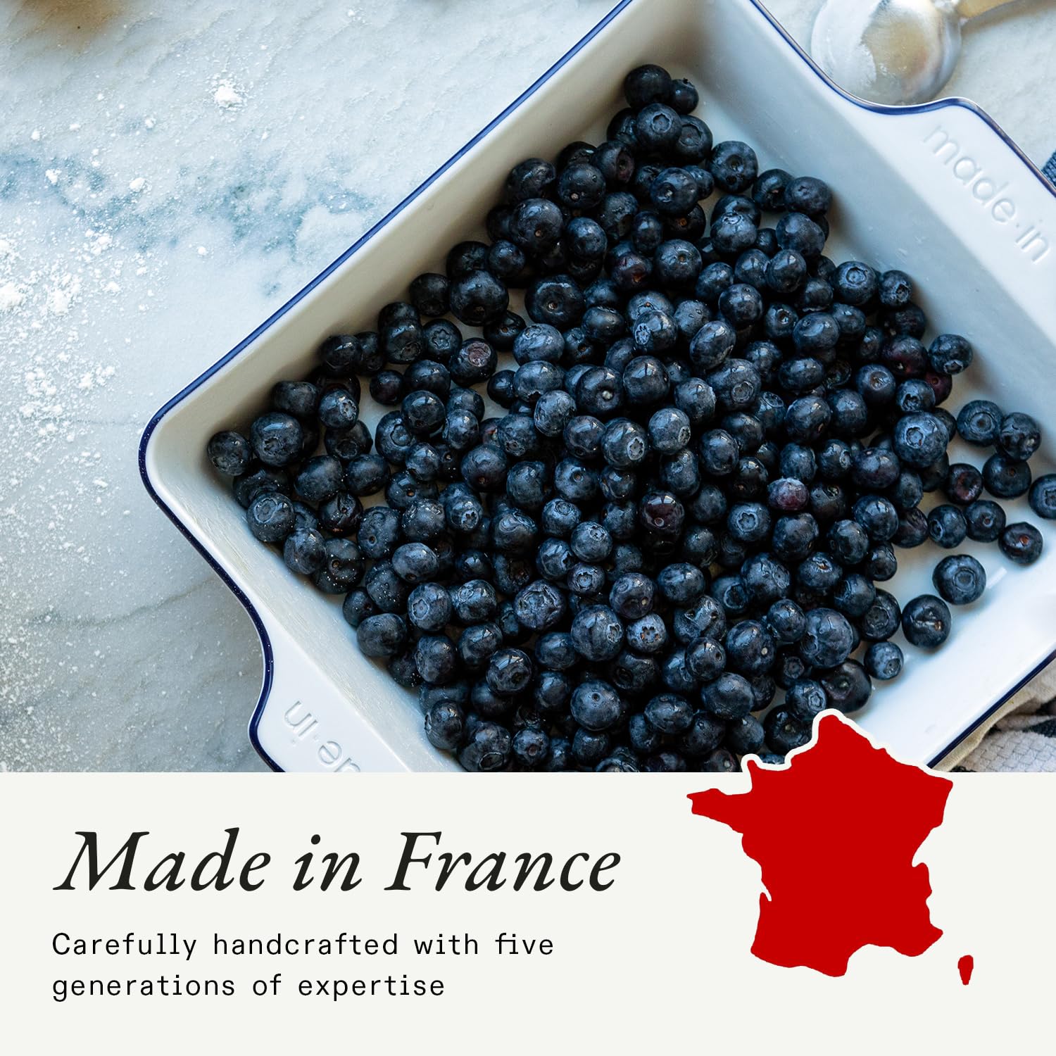 made-in-square-baking-dish-8x8-handcrafted-french-porcelain-navy-rim-thermal-sho image 6