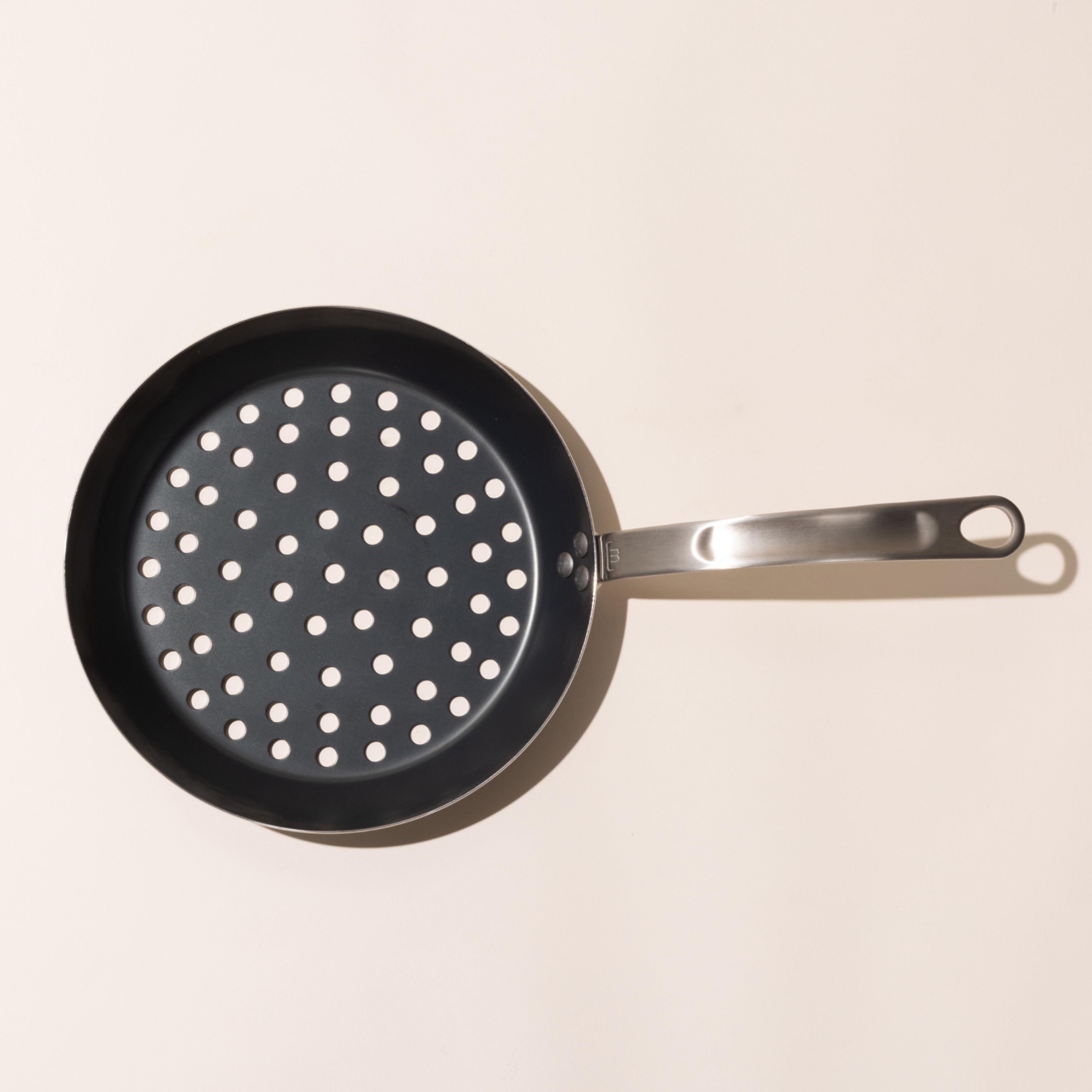 made-in-the-grilling-set-blue-carbon-steel-perforated-grill-frying-pan-with-horn image 3