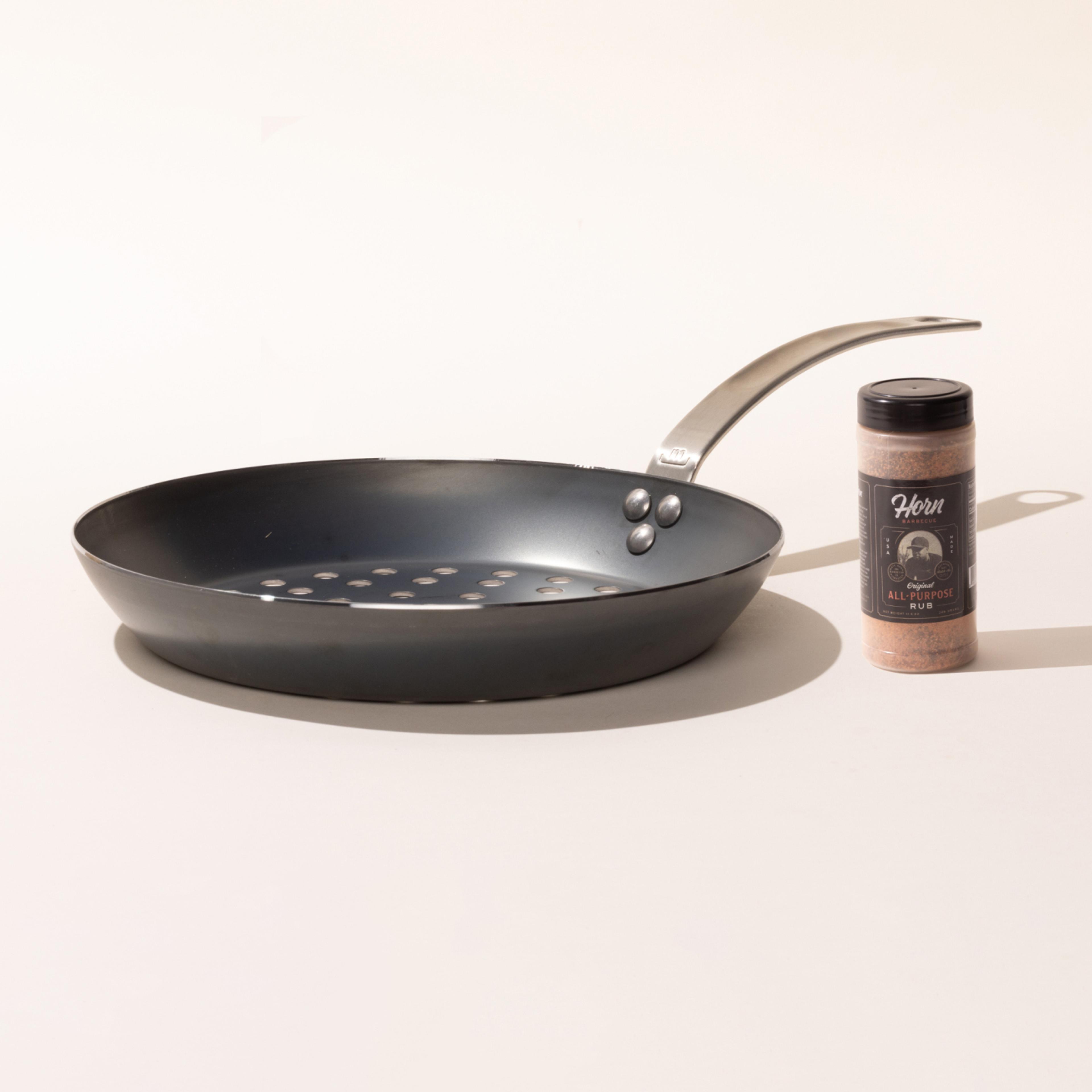 made-in-the-grilling-set-blue-carbon-steel-perforated-grill-frying-pan-with-horn image 2