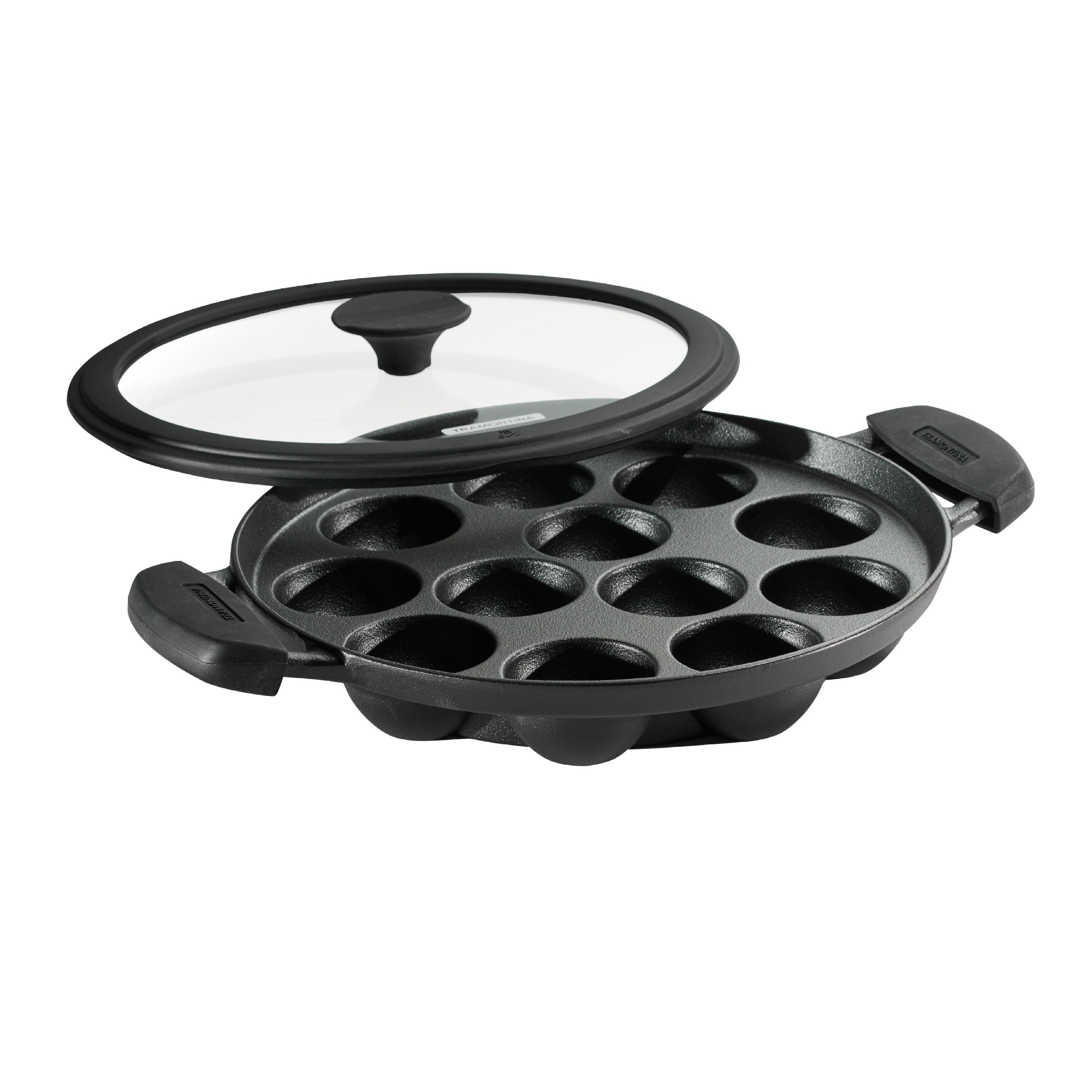 tramontina-utsava-pre-seasoned-cast-iron-paniyarrakal-pan-with-lid-disamatic-cas image 1